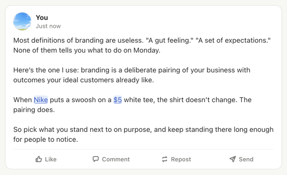 A LinkedIn post Wallflower drafted from one call